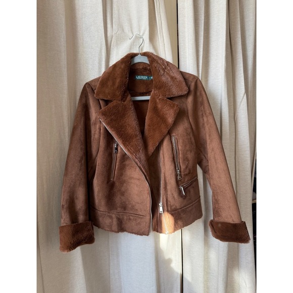 Ralph Lauren Aviator Bomber Shearling Suede Leather Moto Jacket Women Brown M - Picture 4 of 10